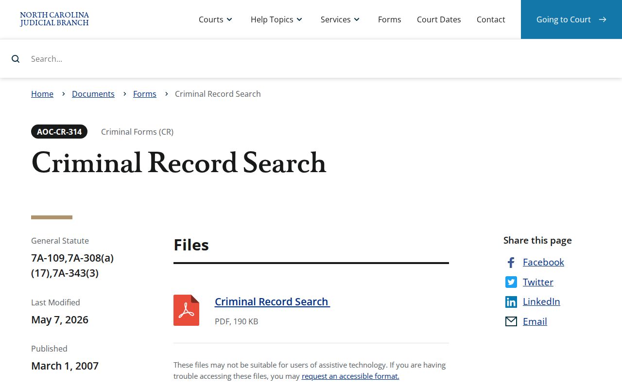 Bladen County AOC-CR-314 criminal record search form